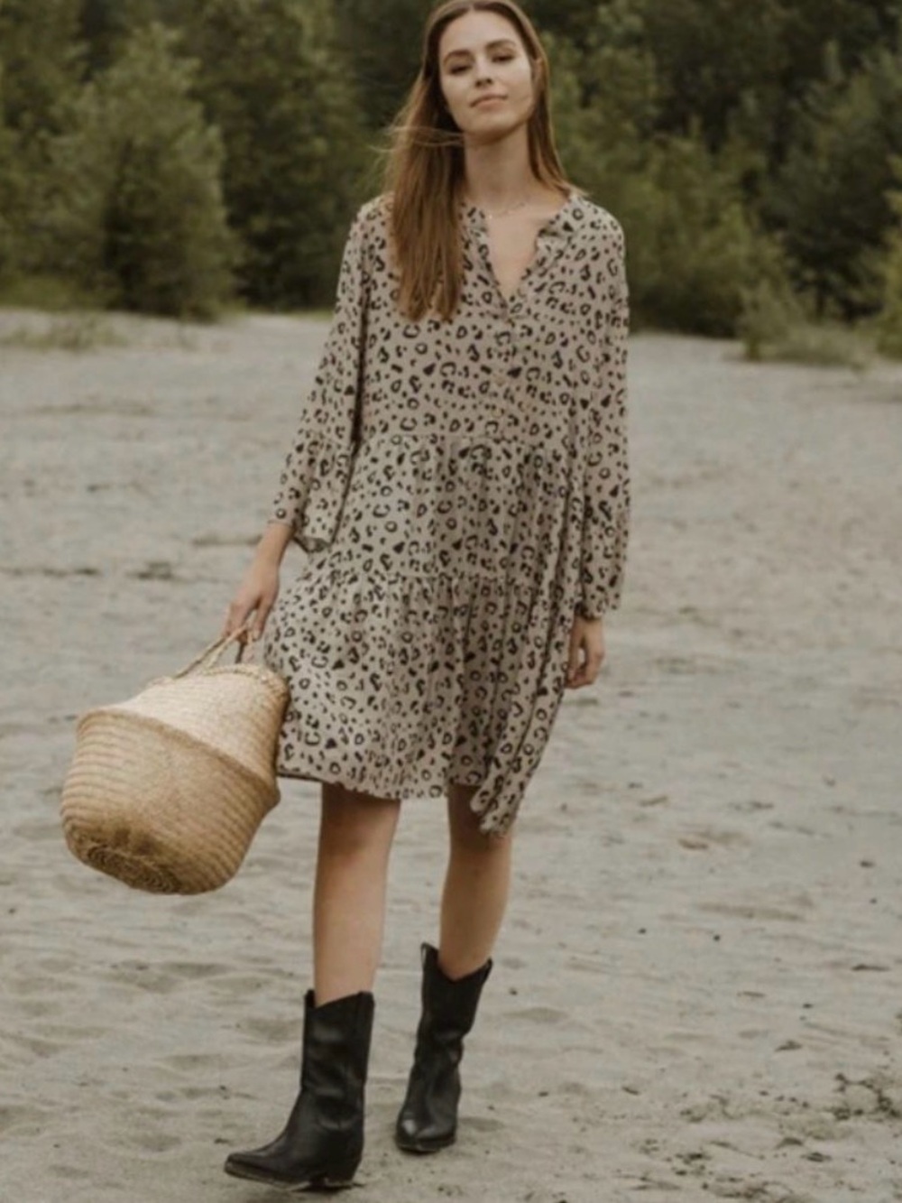 Jackson Rowe | Malad leopard print tiered mini dress Women’s size XS oversized